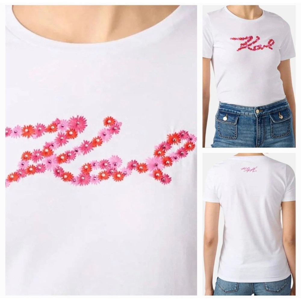 Karl Lagerfeld Paris Womens White Contrast Daisies Logo Tee T-Shirt Large EUC